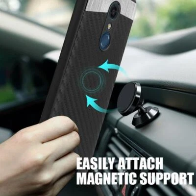 LG ARISTO series phone- Magnetic Plate BLACK Carbon Fiber Hard Rubber Case Cover - Image 1 of 4
