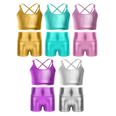 Kids Girls Sports Gymnastic Dance Outfits Metallic Crop Top Vest with Shorts Set - Image 1 of 3