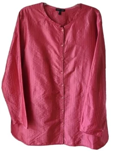 Eileen Fisher 100% Silk Ribbed Tunic L Pink Long Sleeve Button Front Relaxed Fit - Picture 1 of 9