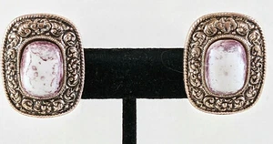Vintage Silver Tone Etched Purple and White Stone Clip-on Earrings - Picture 1 of 7