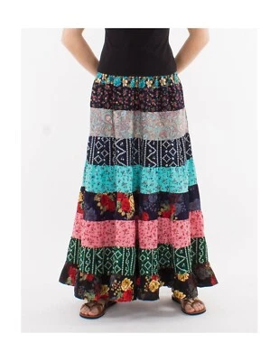 Boho Maxirock mit Blumenmuster, Mehrfarbig Gestreift, Patchwork-Design, Lange Ba - Bild 1 von 4