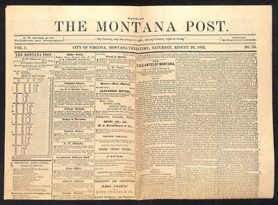 Reimpresión de periódico de una sola hoja The Montana Post 1865 Virginia City en muy buena condición Foto 1 de 4