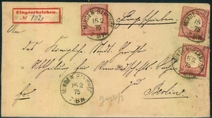 1875, carta certificada con 3 veces 1 centavo talla cartel desde "MINDEN BAHNHOF 15/2 75"- - Imagen 1 de 2