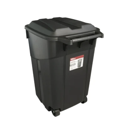 Bote de basura de plástico de alta resistencia con ruedas Hyper Tough de 45 galones, tapa adjunta, negro Foto 1 de 4