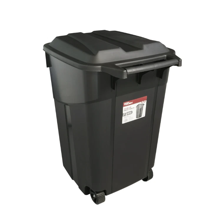 Bote de basura de plástico de alta resistencia con ruedas Hyper Tough de 45 galones, tapa adjunta, negro Foto 1 de 4