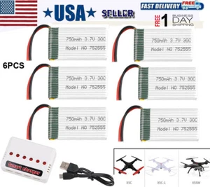 6pcs 3.7V 750mAh Lipo Battery 30C with Charger for Syma X5 X5A X5SW X5C X5C1 RC  - Picture 1 of 10