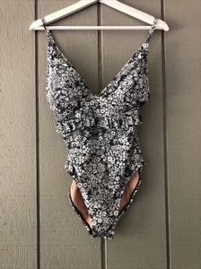 J Crew One Piece Swimsuit Swim 8 Black White Flowers Ruffles Removeable Padding - Picture 1 of 15