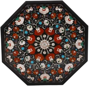 48" Black Marble Coffee Table Carnelian and MOP Floral Marquetry Art Home Decor - Picture 1 of 8