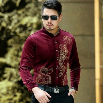 Men Velvet Warm Shirts Formal Business Work Tops Dragon Totem Long Sleeve Blouse - Image 1 of 4