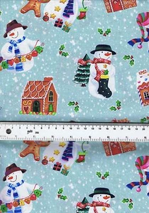 Fat Quarter Holiday Gingerbread House Snowmen Sewing Cotton Quilting Fabric Teal - Picture 1 of 1