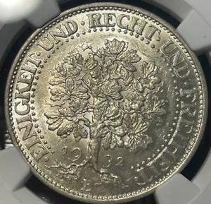 NGC MS 63 1932E GERMANY 5M OAK TREE Reichmark Silver Commemorative Coin - Picture 1 of 3