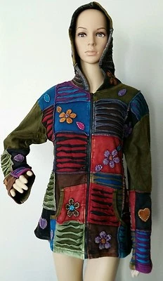 CHAQUETA POLAR ALGODÓN FJ NEPAL: Abrigo bohemio hippie floral costillas hechas a mano XL  Foto 1 de 2