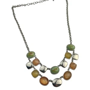 Statement Bib Necklace Silver Tone Faux Stones Green Amber Pendants Oval - Picture 1 of 4