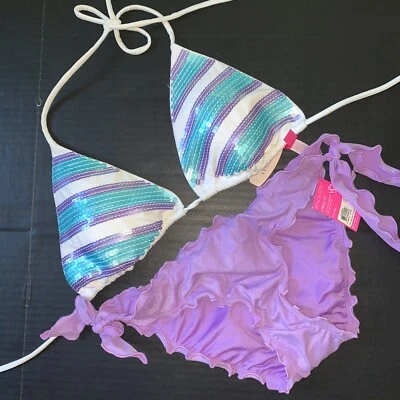 Victoria's Secret Triángulo L/S BIKINI Blanco AZUL Púrpura Volantes SEQUIN SIRENA Foto 1 de 4