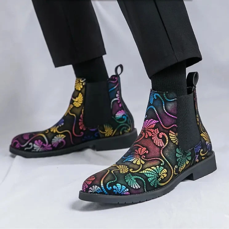 Botas de tornozelo masculinas Chelsea tamanho grande 38-48 plus size estampa floral britânica tamanho boate - Imagem 1 de 4