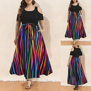 Plus Size Women Rainbow Striped Maxi Dress Cold Shoulder Holiday Casual Sundress - Picture 1 of 8