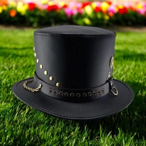 Herren schwarz Leder Zylinder Hut Steampunk viktorianischer Stil Kette Nieten Cosplay Kostüm - Bild 1 von 2