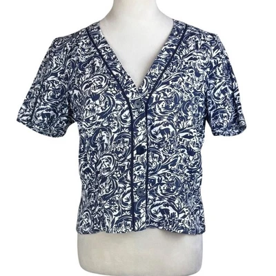 Brora 10 100% Linen Navy Blue Vintage Pattern Short Sleeve Button Up V-Neck Top - Image 1 of 4