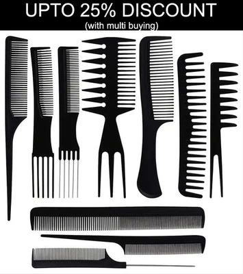 10 piece Hair Styling Comb Set Professional Black Hairdressing Combs - Image 1 of 4