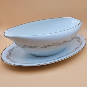 Noritake China Gravy Boat GRAY WOOD #6041 Silver Trim Made in Japan - Picture 1 of 11