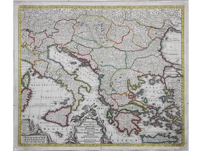 Antique Old Map Balkans Greece Hungary Italy by Seutter 1750 Theatrum Belli - Image 1 of 4
