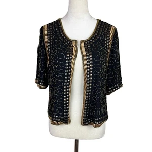 Hazel M Black Chiffon Studded Beaded Gold Short Sleeve Evening Layering Jacket - Picture 1 of 11