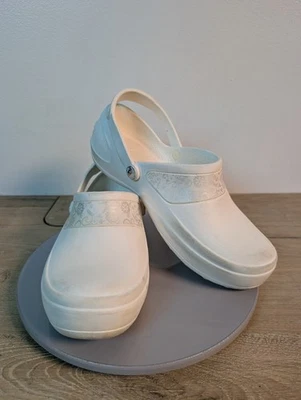 Crocs Womens Mercy Work Clogs Sz 8 Slip Resistant Shoes White Floral Band - Image 1 of 4