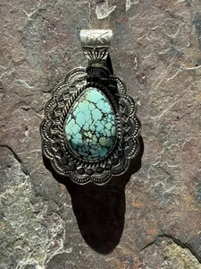 Navajo Geneva Ramone Stamped Sterling Silver Pendant Blue Moon Turquoise - Picture 1 of 6