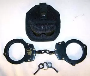 HEAVY DUTY BLACK CHAIN POLICE SECURITY HANDCUFFS W CASE & KEYS double lock NEW