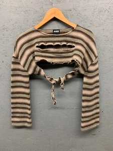 Minga London Distressed Cropped Sweater Small Striped Brown Beige Punk Y2K - Picture 1 of 9