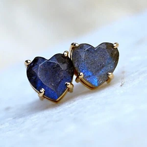 Natural Labradorite Gemstone Heart Stud Earrings Solid 14k Yellow Gold Jewelry - Picture 1 of 12