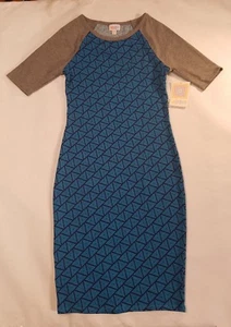 LuLaRoe Julia Raglan Dress (rare) Sz XXS Blue Geometric pattern & Gray sleeves - Picture 1 of 9