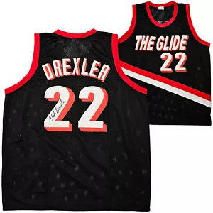 PORTLAND TRAIL BLAZERS CLYDE DREXLER AUTOGRAPHED BLACK JERSEY JSA STOCK #215756 - Picture 1 of 7