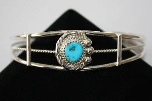 Signed Native American Navajo Made Sterling Silver Turquoise Bracelet - Picture 1 of 1