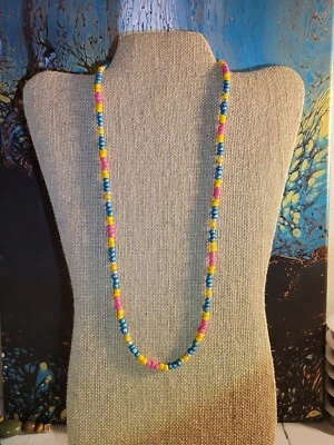 Multi-Color Pink Turquoise Yellow Surfer Boho Beaded Necklace Hippie Glass Beads - Image 1 of 4