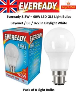 2x 8.8W = 60W LED GLS Bayonet BC B22 Light Bulbs Daylight White 60 Watt Eveready - Picture 1 of 4