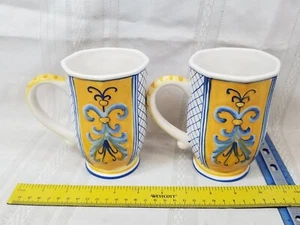 2 Fitz and Floyd RICAMO TRATTORIA Yellow Blue & White Mugs / Cups - Picture 1 of 2