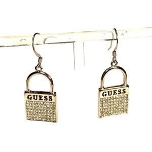 Vintage Guess Silver Tone Pave Crystal Lock Pierced Dangle Earrings Shiny S - Picture 1 of 7