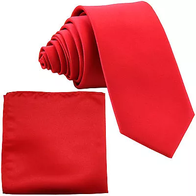 New Polyester Men's 2.5" skinny Neck Tie & hankie set solid formal wedding red - Image 1 of 3