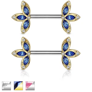 Pair of CZ Flowers Surgical Steel Barbells Nipplerings Nipple Rings 14G - Picture 1 of 5