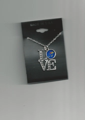 KU Kansas Jayhawks Fashion Necklace with Crystal LOVE Pendant USA Made New Cover