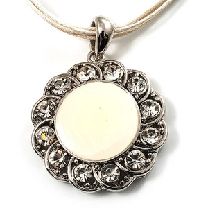 Milk White Crystal Enamel Medallion Cotton Cord Pendant (Silver Tone) -38cm - Picture 1 of 4