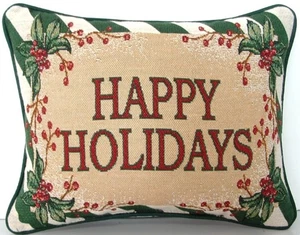 Christmas- "HAPPY HOLIDAYS", Small Tapestry Word Pillow, Holly & Berries, New - Picture 1 of 8