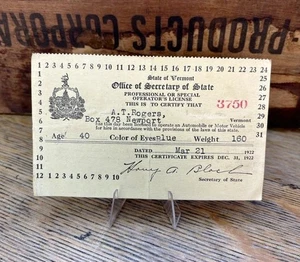1922 Vermont Driver's License - Picture 1 of 2