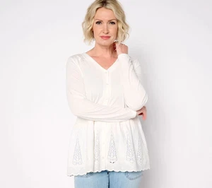 LOGO Lavish by Lori Goldstein V-Neck Cardigan w/ Eyelet Peplum Ivory M - Picture 1 of 2