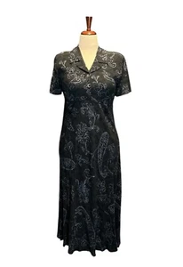 Vestido Floral Vintage Años 90 Carole Little Petites Acolchado Manga Corta Negro Talla 8 - Imagen 1 de 8