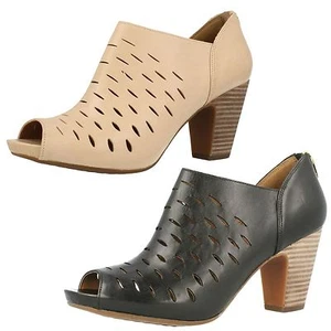 LADIES CLARKS OKENA POSH LEATHER ZIP CASUAL PEEP TOE HEELED MULES COURT SHOES