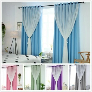 1x Blackout Curtains Double Layer for Bed Room Lace Tulle Drape Eyelets - Picture 1 of 17