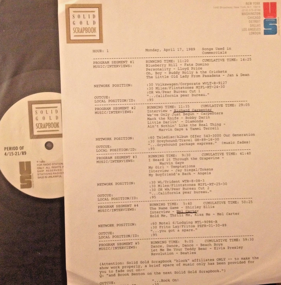 RADIO SHOW: 4/17/89 COMMERCIALS! BEACH BOYS, CARPENTERS, BOBBY DARIN,FATS DOMINO - Image 1 of 1