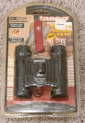Tasco 8x 21mm Binocular With Case and Neck Strap & Genuine Swiss Army Knife - Image 1 of 2